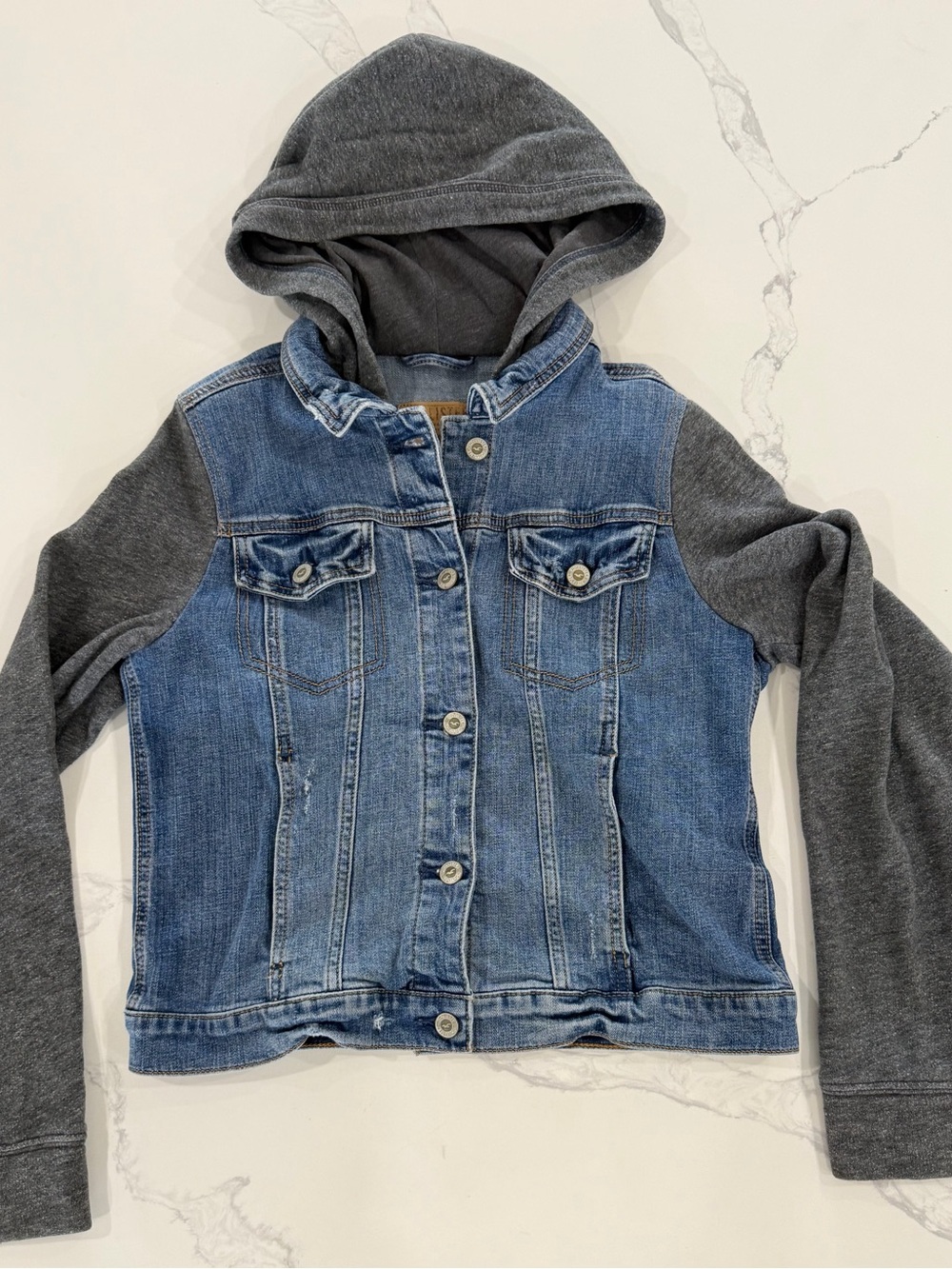 Hollister Mixed Media Denim Jacket Grey Hooded Jersey Sleeve Trucker Size Large